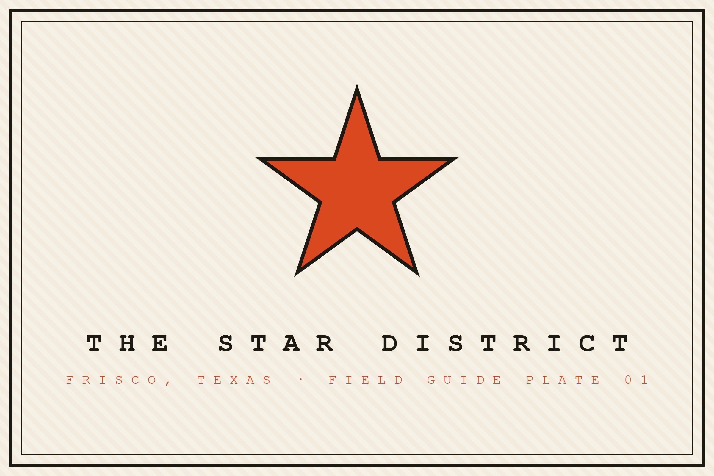 Illustrated field-guide plate of The Star district in Frisco, Texas — orange lone star emblem